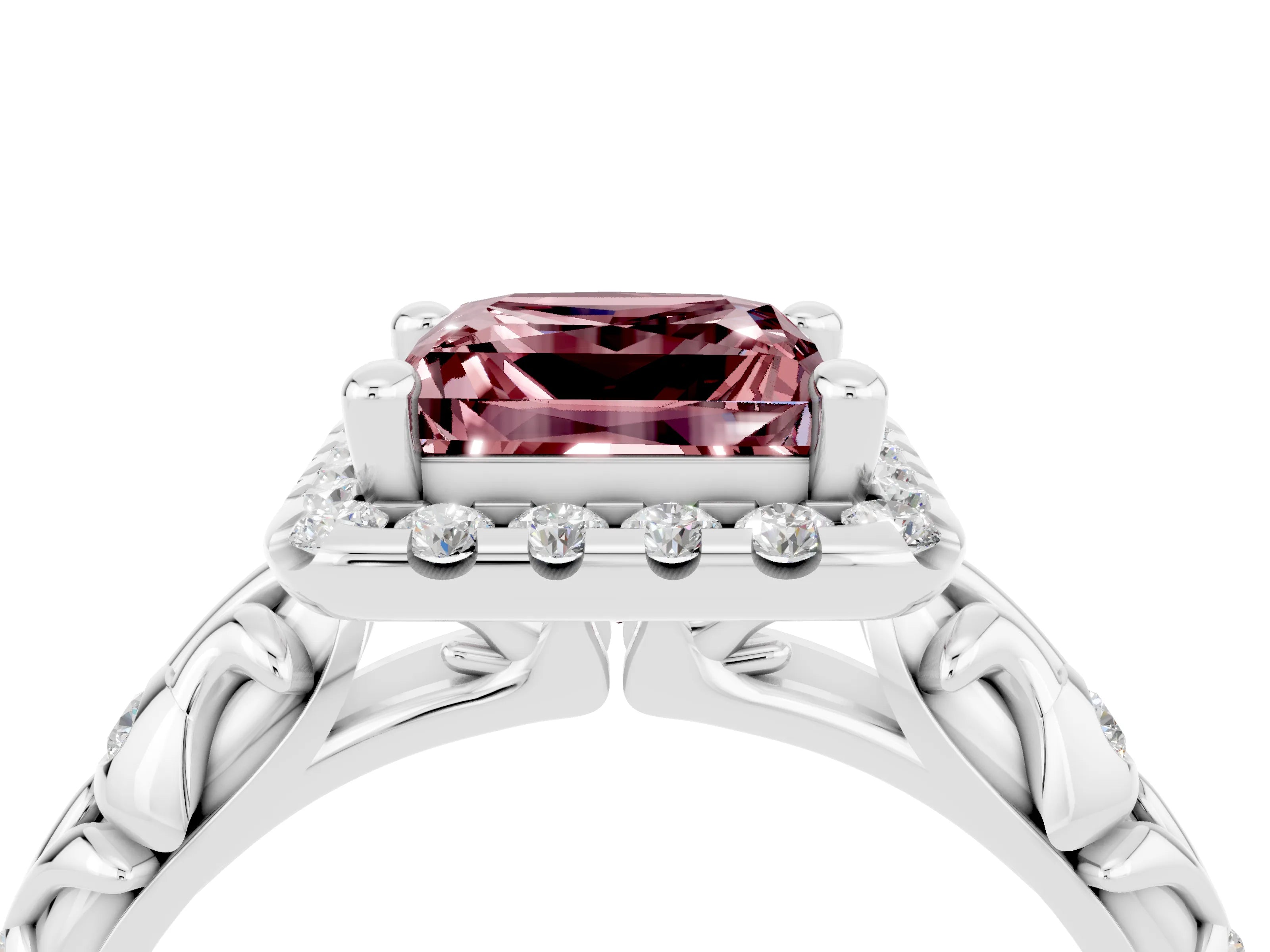 White gold Princess Cut Halo Diamond Solitaire with Filigree Band and Four-Prong Setting_4