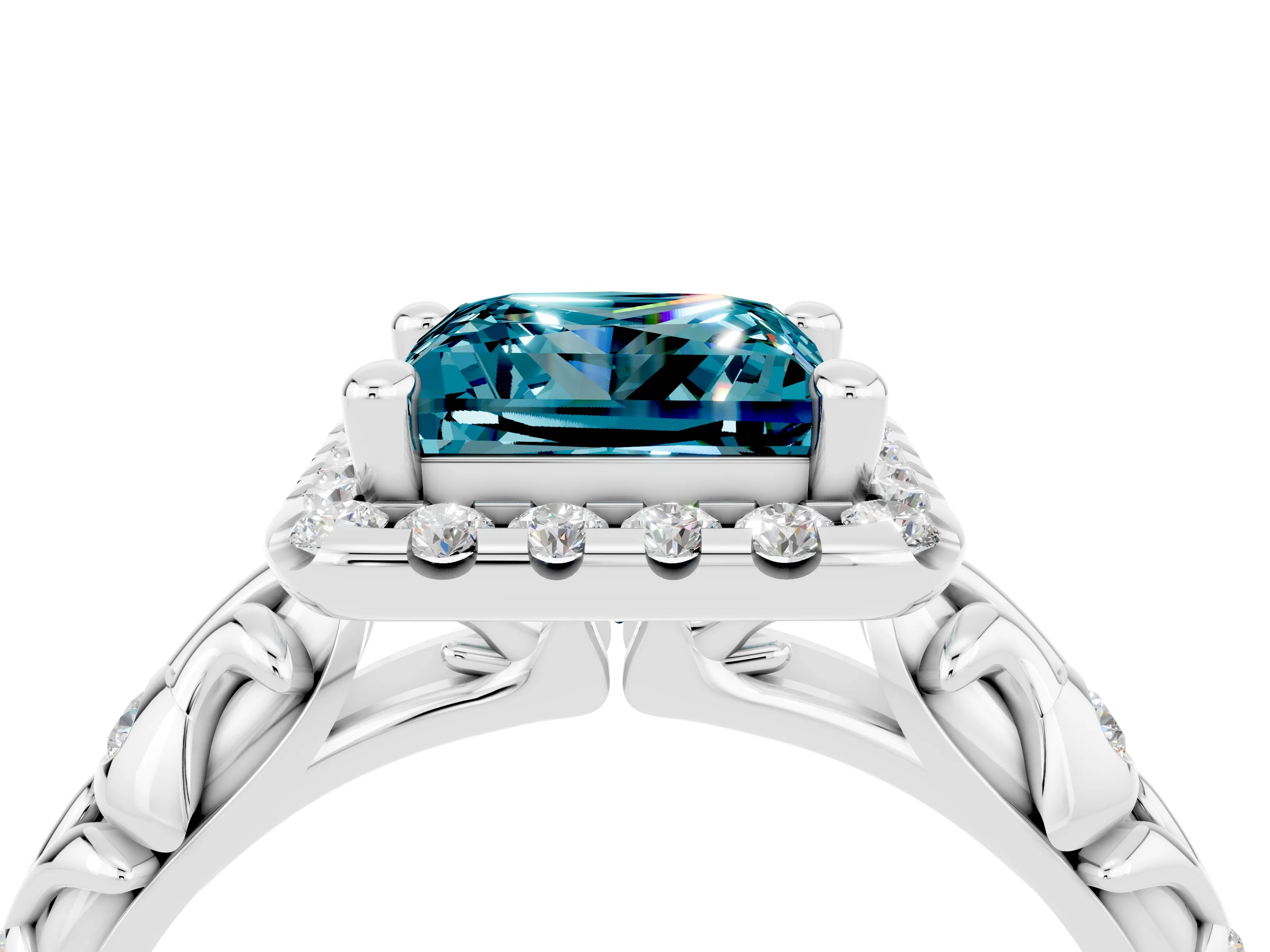 White gold Princess Cut Halo Diamond Solitaire with Filigree Band and Four-Prong Setting_4