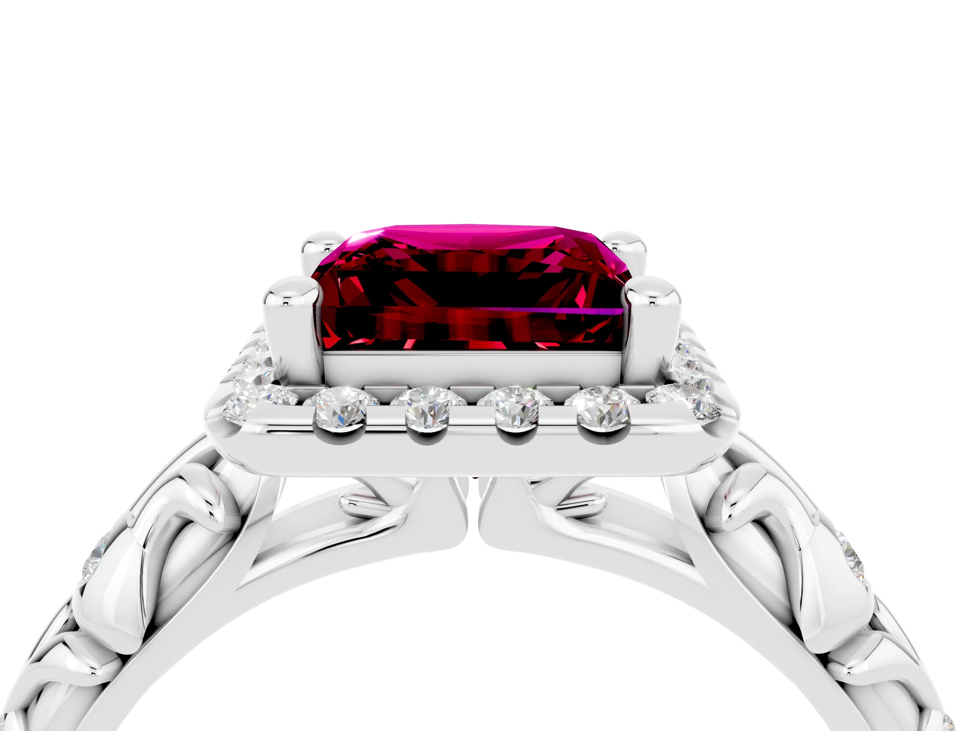 White gold Princess Cut Halo Diamond Solitaire with Filigree Band and Four-Prong Setting_4