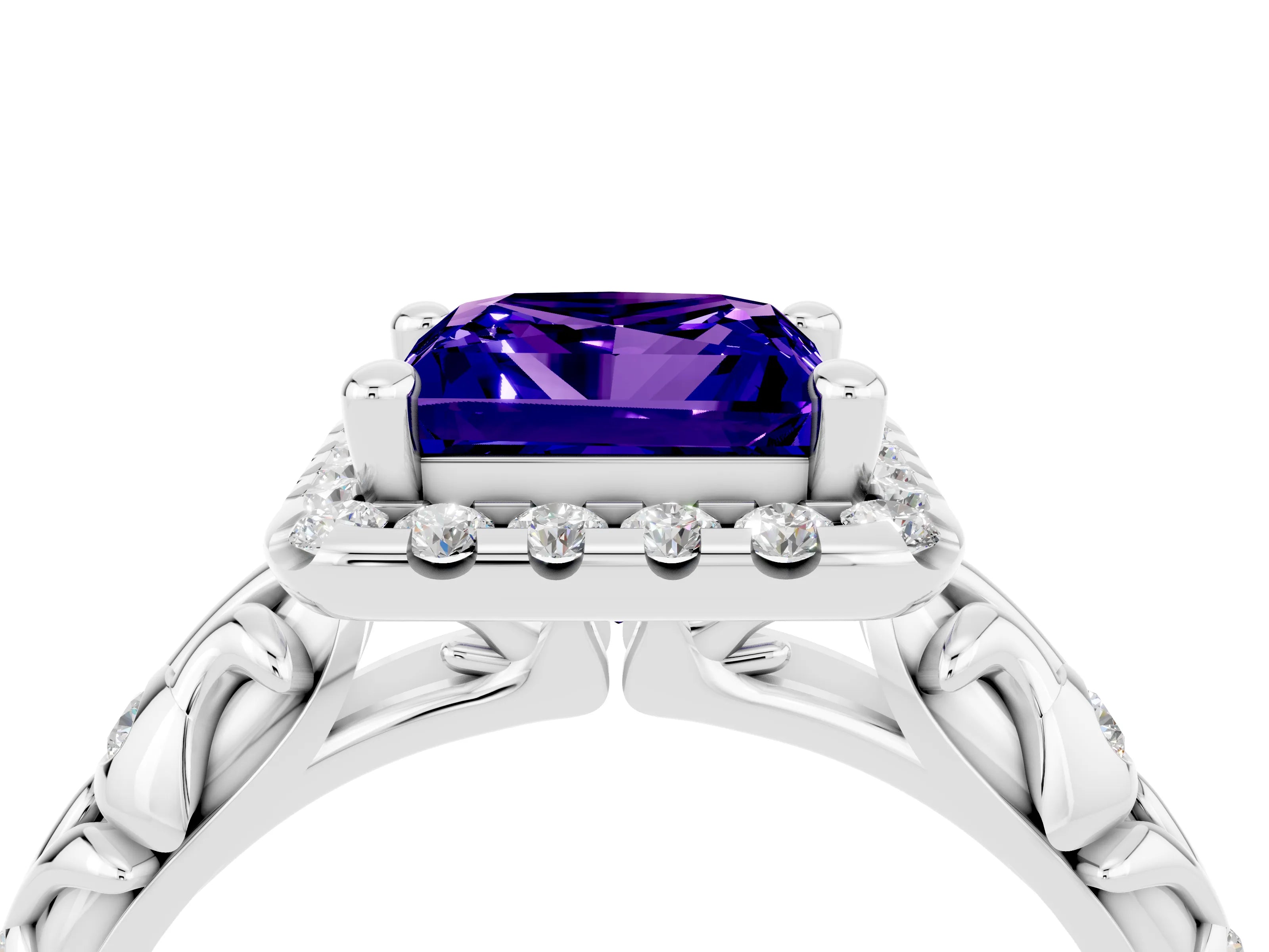 White gold Princess Cut Halo Diamond Solitaire with Filigree Band and Four-Prong Setting_4