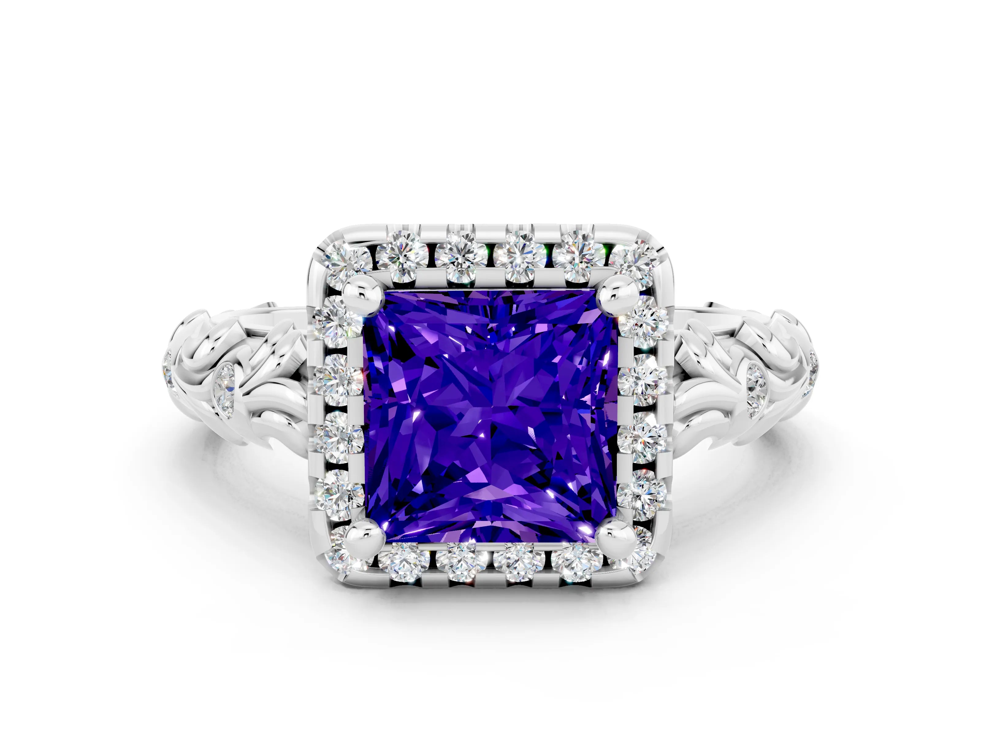 White gold Princess Cut Halo Diamond Solitaire with Filigree Band and Four-Prong Setting