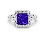 White gold Princess Cut Halo Diamond Solitaire with Filigree Band and Four-Prong Setting