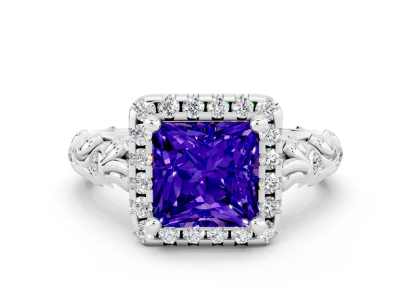 Platinum Princess Cut Tanzanite Halo Ring with Filigree Band and Prong Setting
