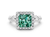 White gold Princess Cut Halo Diamond Solitaire with Filigree Band and Four-Prong Setting