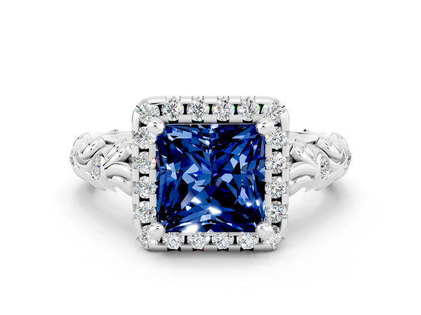 Silver Princess Cut Blue Sapphire Halo Ring with Filigree Band and Prong Setting