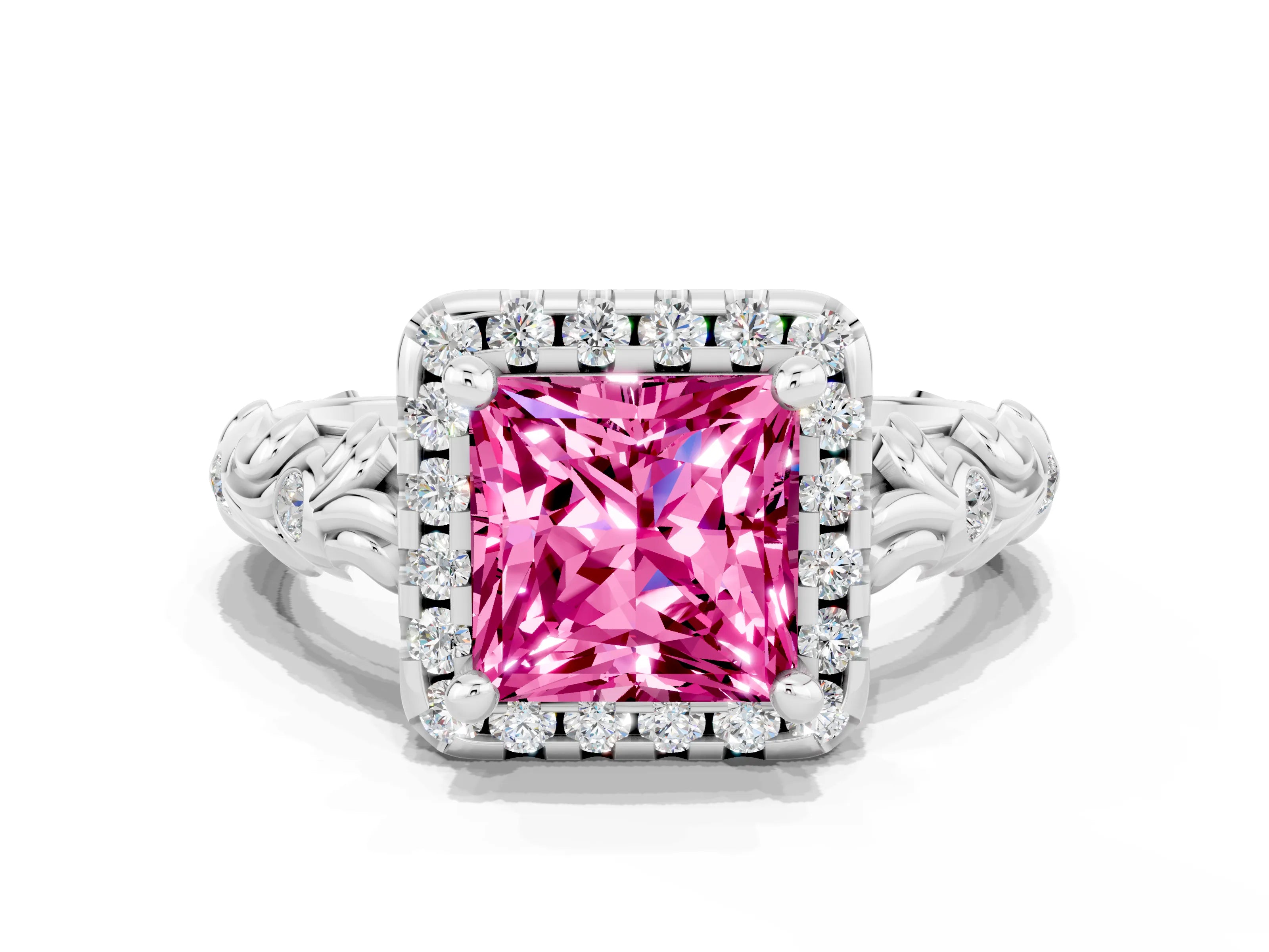 White gold Princess Cut Halo Diamond Solitaire with Filigree Band and Four-Prong Setting