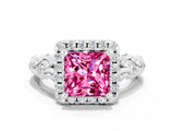 White gold Princess Cut Halo Diamond Solitaire with Filigree Band and Four-Prong Setting