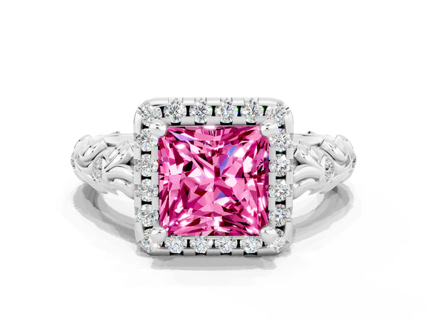 Silver Princess Cut Pink Sapphire Halo Ring with Filigree Band and Prong Setting