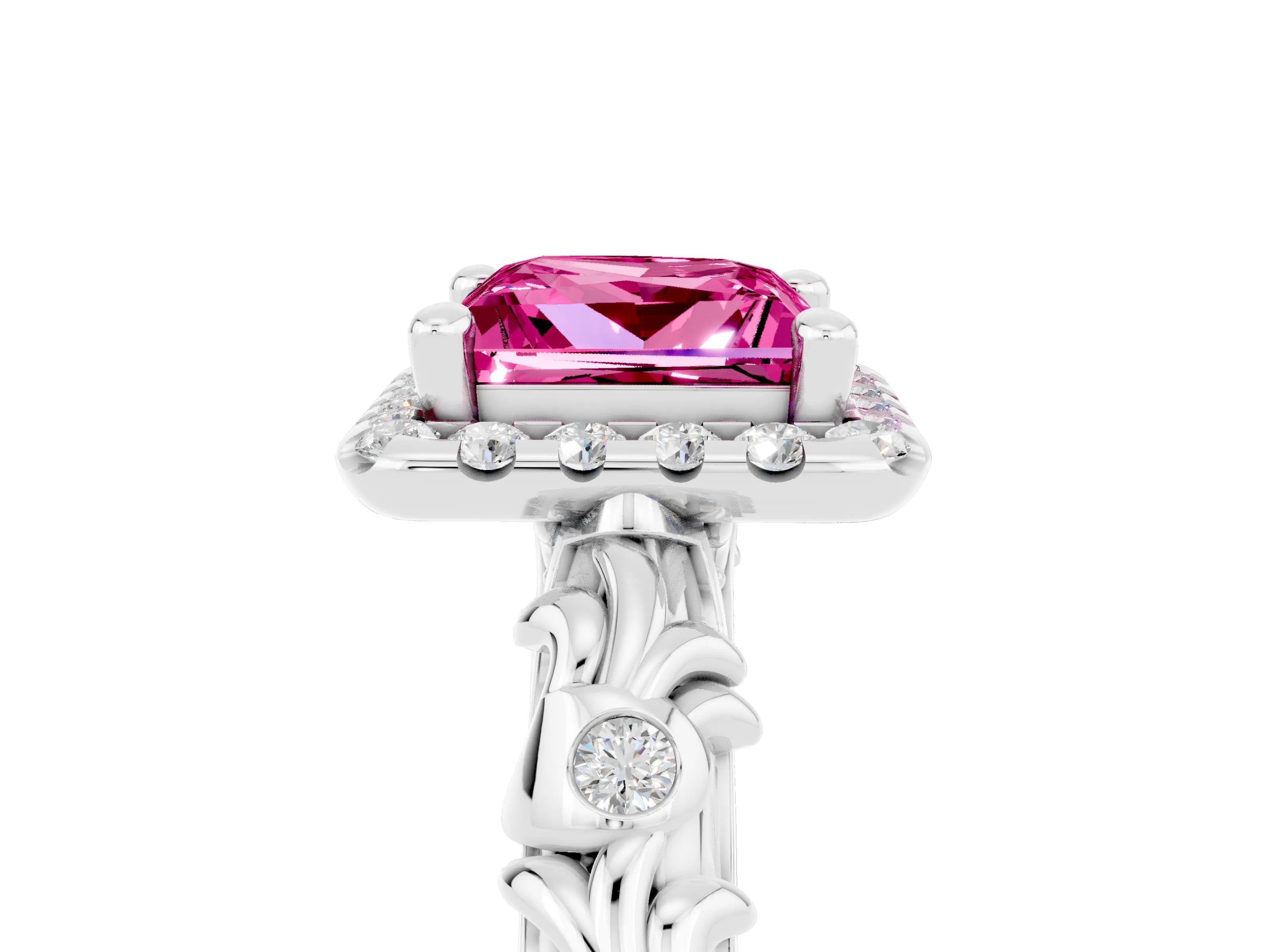 White gold Princess Cut Halo Diamond Solitaire with Filigree Band and Four-Prong Setting_5