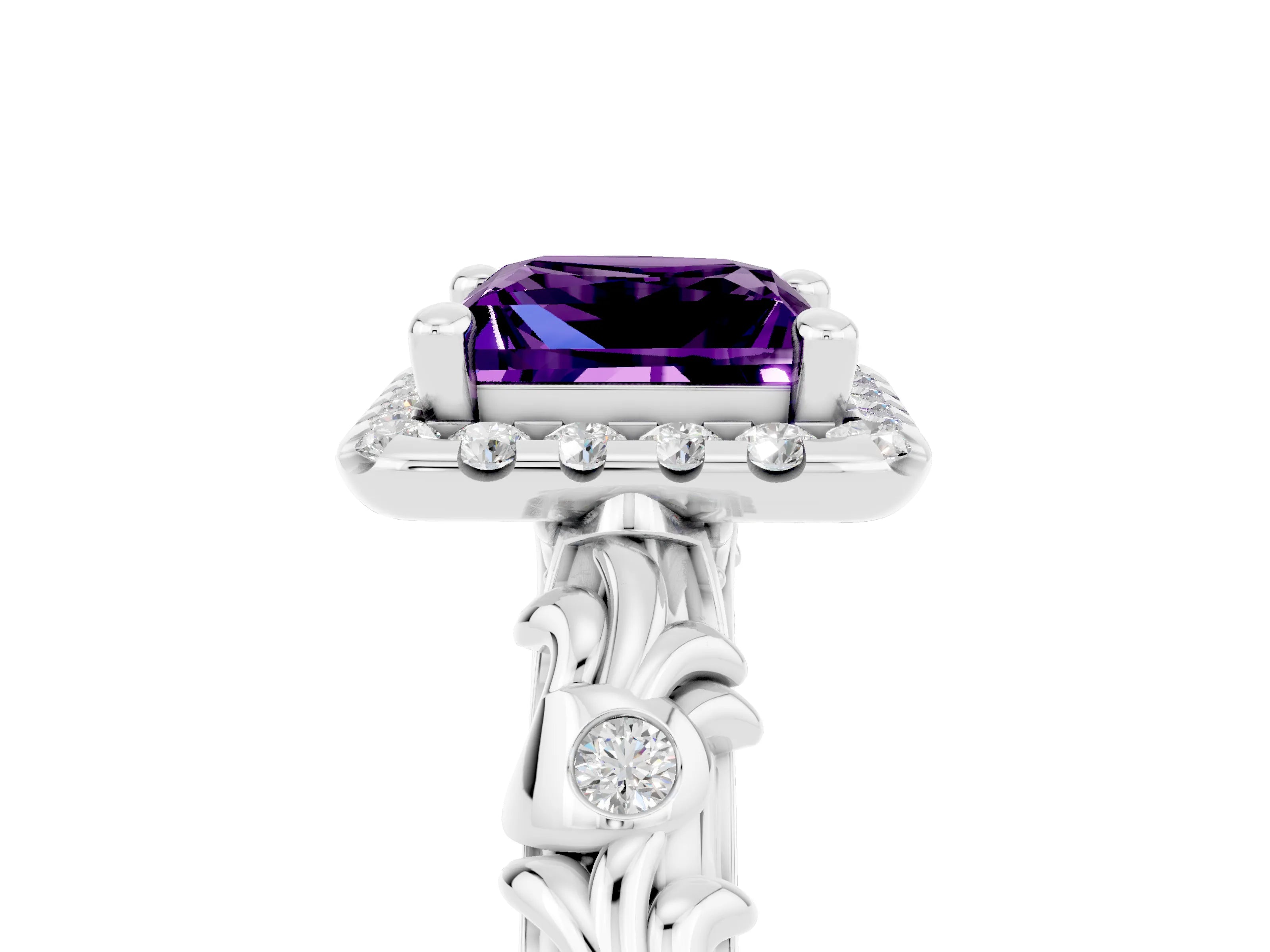 White gold Princess Cut Halo Diamond Solitaire with Filigree Band and Four-Prong Setting_5