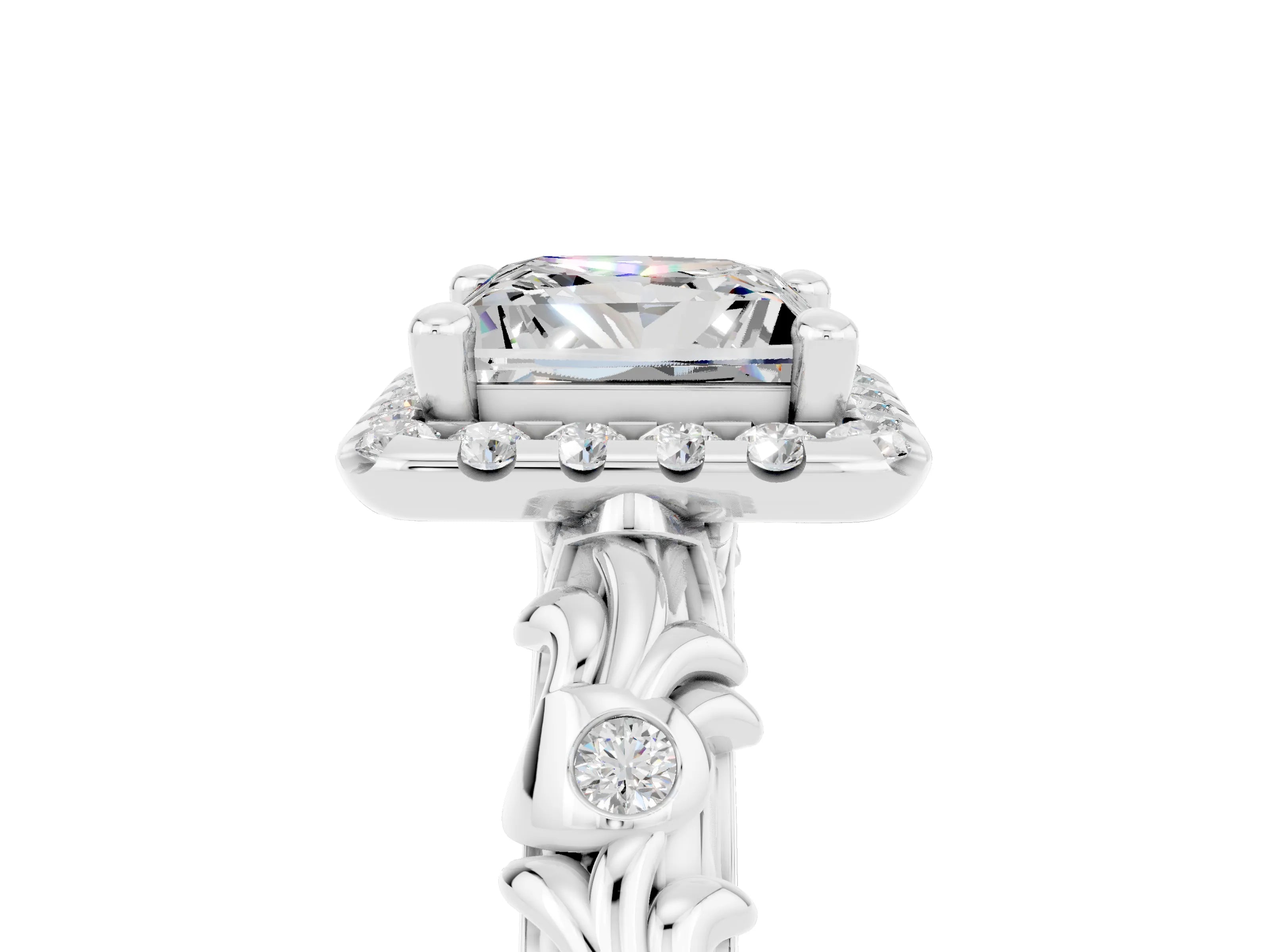 White gold Princess Cut Halo Diamond Solitaire with Filigree Band and Four-Prong Setting_5