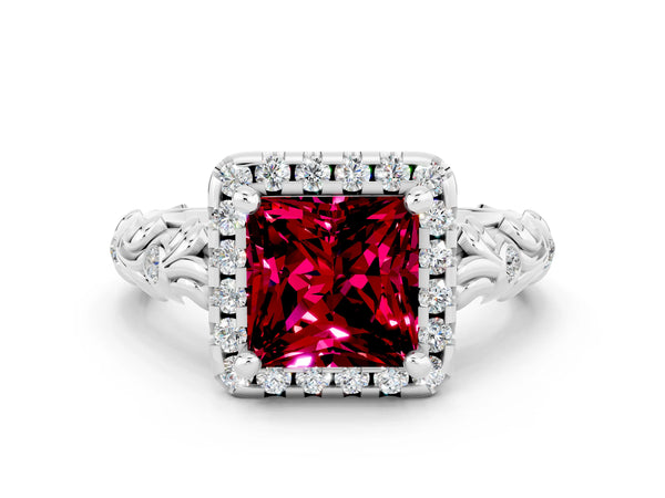Platinum Princess Cut Garnet Halo Ring with Filigree Band and Prong Setting