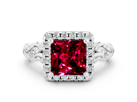White gold Princess Cut Halo Diamond Solitaire with Filigree Band and Four-Prong Setting