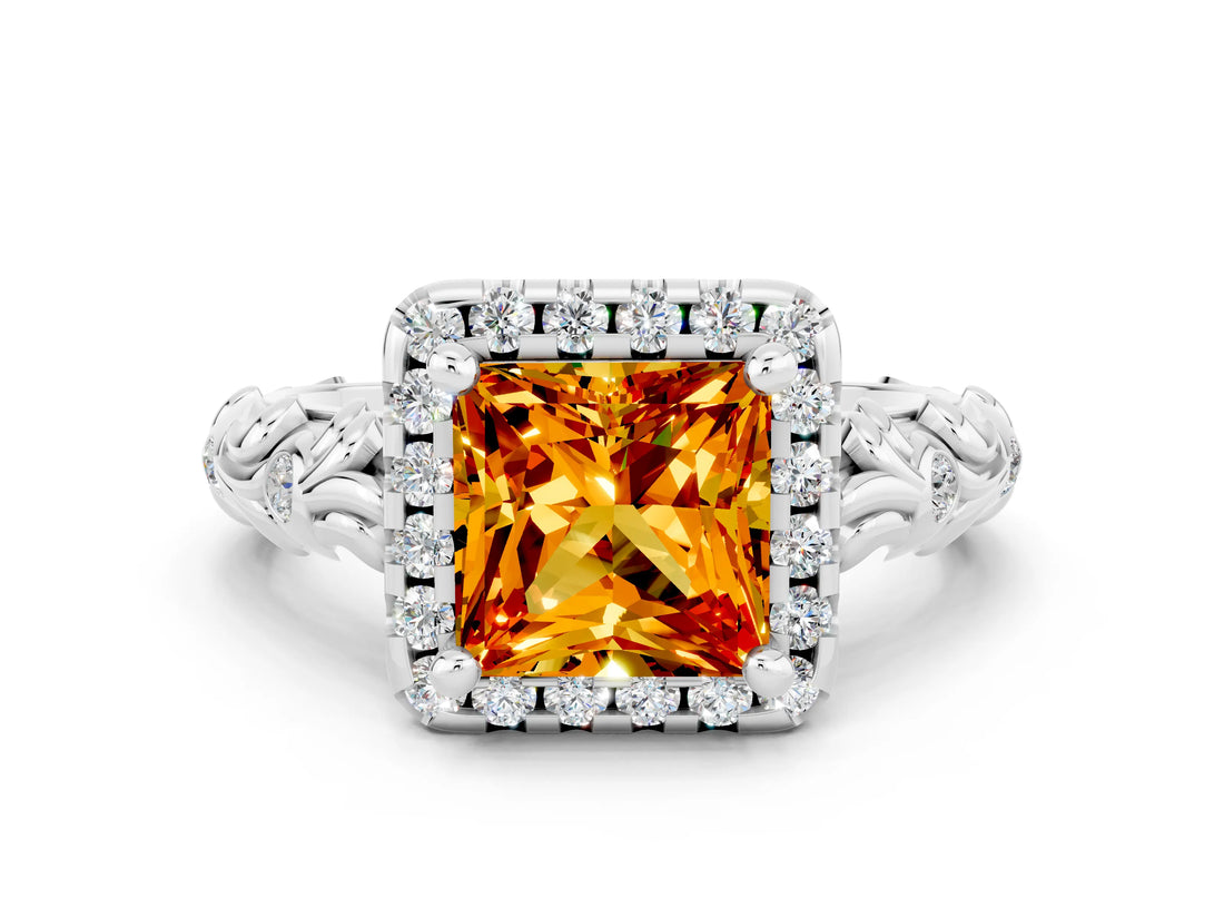 White gold Princess Cut Halo Diamond Solitaire with Filigree Band and Four-Prong Setting