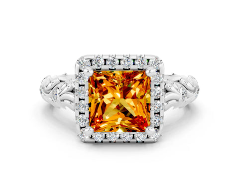 White gold Princess Cut Halo Diamond Solitaire with Filigree Band and Four-Prong Setting