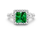 White gold Princess Cut Halo Diamond Solitaire with Filigree Band and Four-Prong Setting