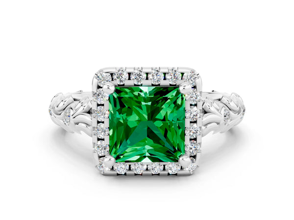 White gold Princess Cut Emerald Halo Ring with Filigree Band and Prong Setting