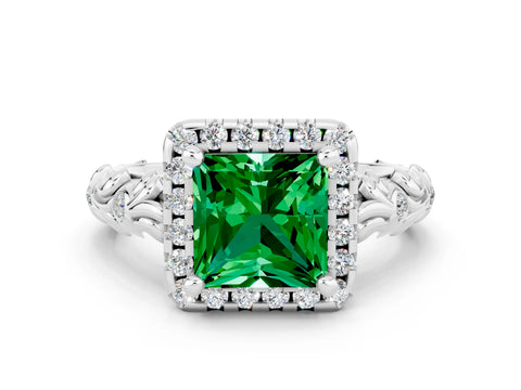 White gold Princess Cut Halo Diamond Solitaire with Filigree Band and Four-Prong Setting