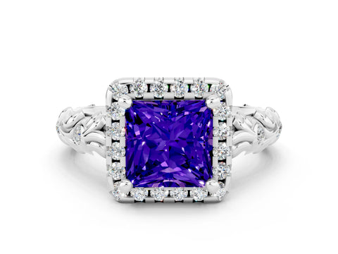 White gold Princess Cut Halo Diamond Solitaire with Filigree Band and Four-Prong Setting