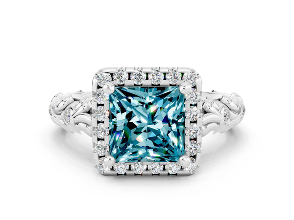 Silver Princess Cut Halo Diamond Solitaire with Filigree Band and Four-Prong Setting