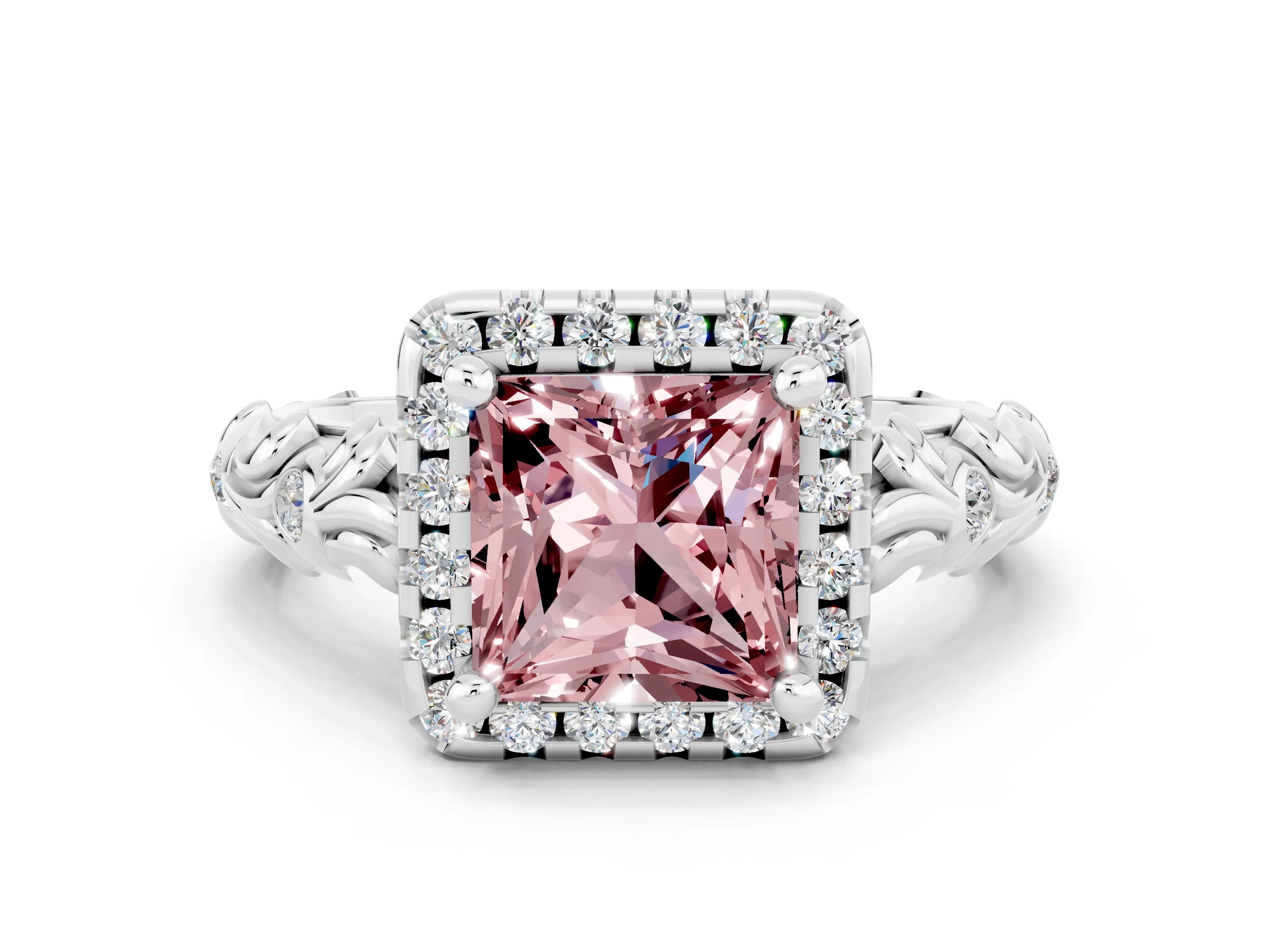White gold Princess Cut Halo Diamond Solitaire with Filigree Band and Four-Prong Setting