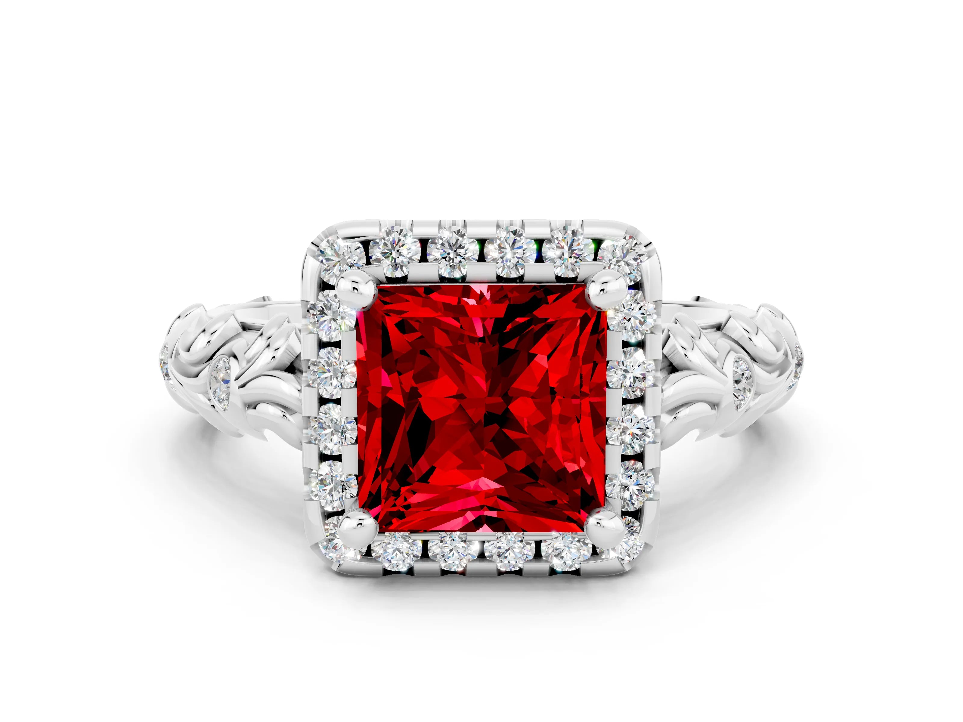 White gold Princess Cut Halo Diamond Solitaire with Filigree Band and Four-Prong Setting