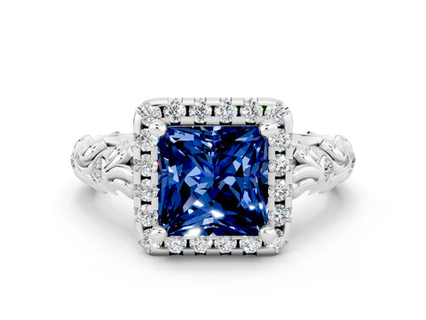White gold Princess Cut Halo Diamond Solitaire with Filigree Band and Four-Prong Setting