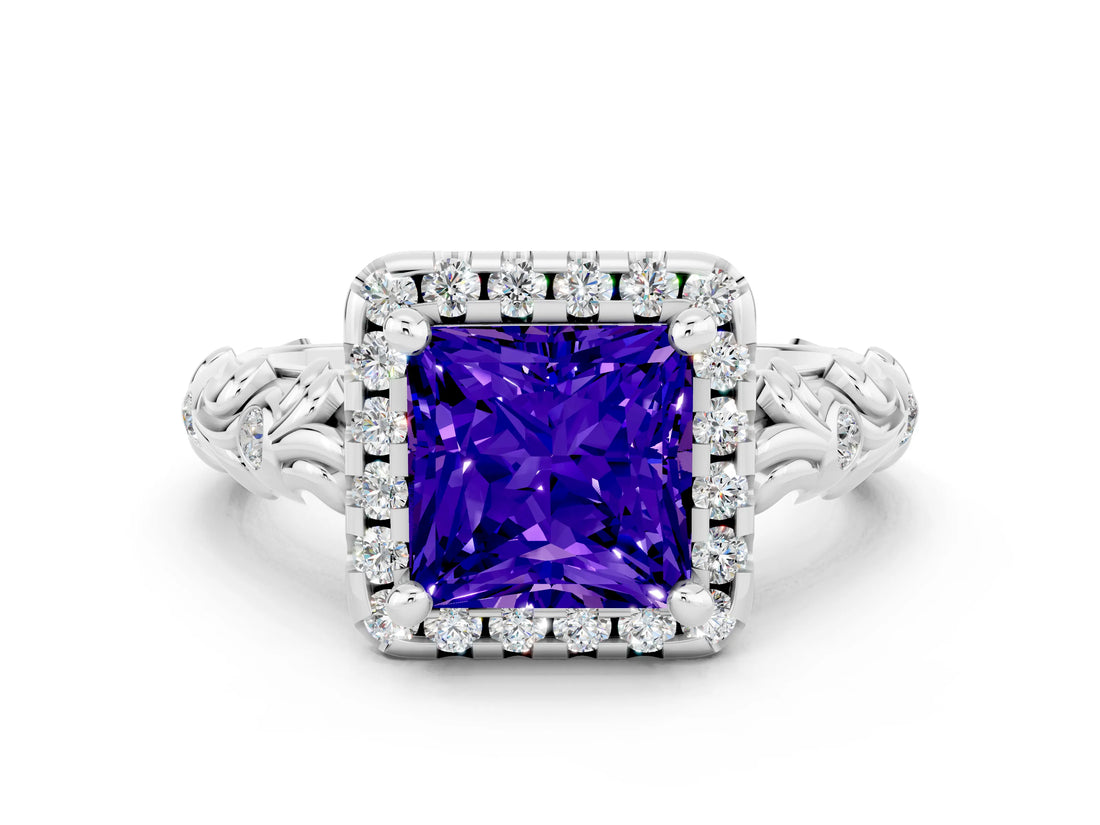 White gold Princess Cut Halo Diamond Solitaire with Filigree Band and Four-Prong Setting