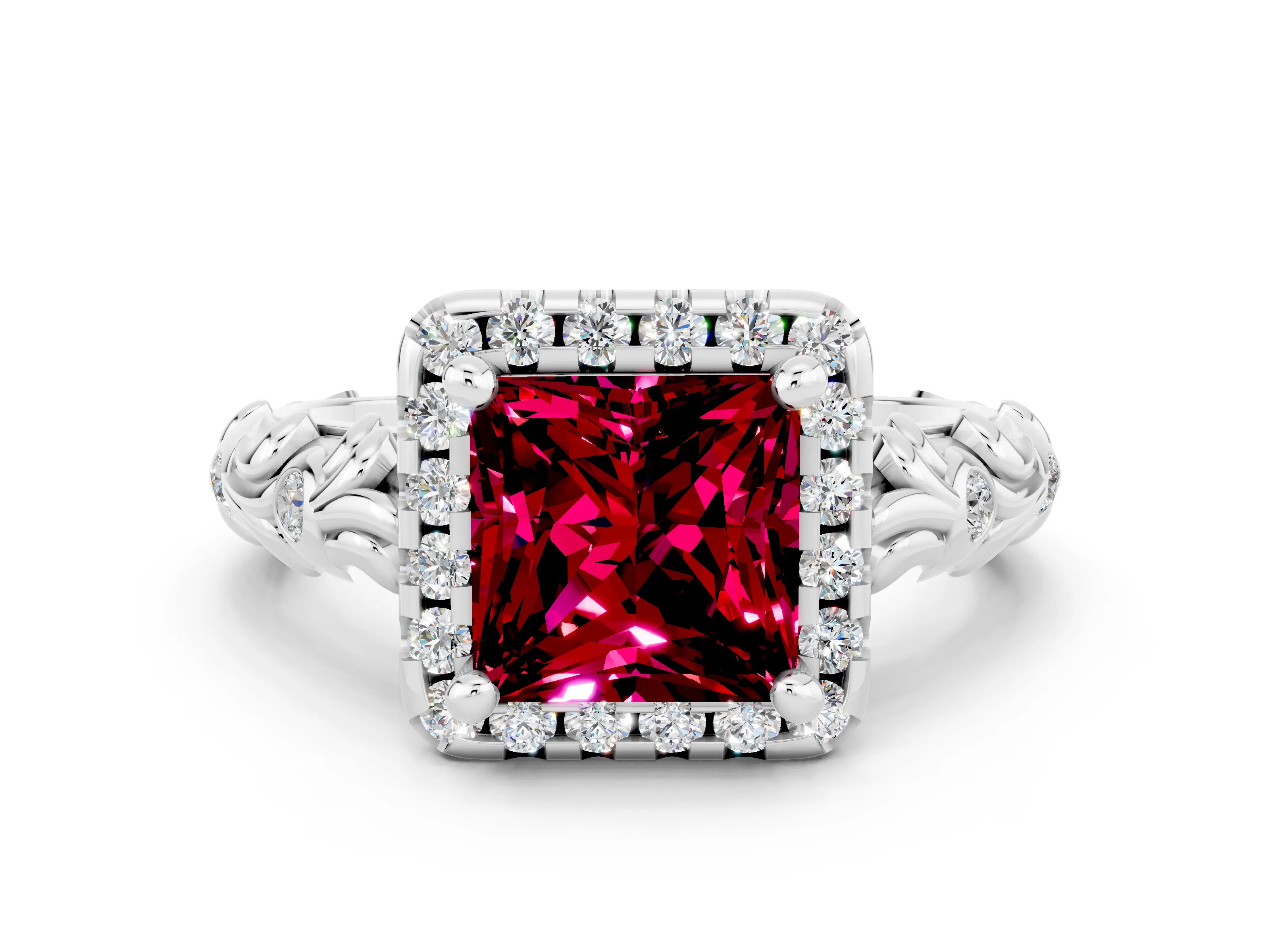 White gold Princess Cut Halo Diamond Solitaire with Filigree Band and Four-Prong Setting