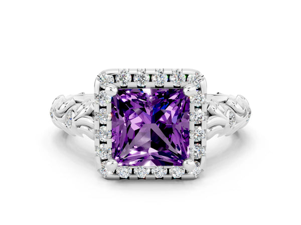 Silver Princess Cut Amethyst Halo Ring with Filigree Band and Prong Setting