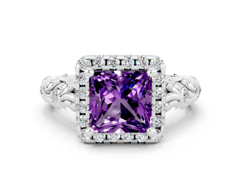 White gold Princess Cut Halo Diamond Solitaire with Filigree Band and Four-Prong Setting