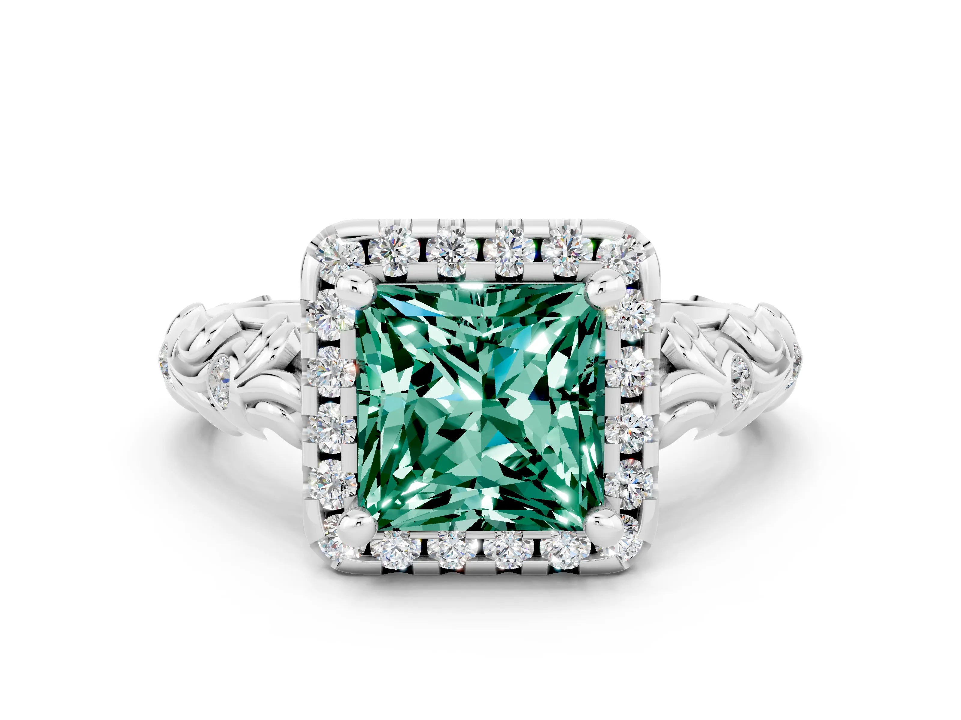 White gold Princess Cut Halo Diamond Solitaire with Filigree Band and Four-Prong Setting