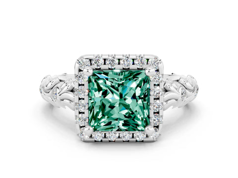 White gold Princess Cut Halo Diamond Solitaire with Filigree Band and Four-Prong Setting