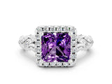 White gold Princess Cut Halo Diamond Solitaire with Filigree Band and Four-Prong Setting