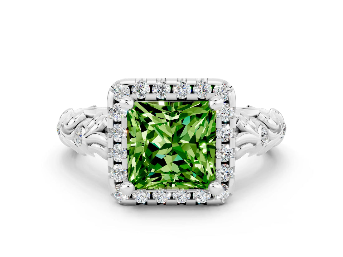 White gold Princess Cut Halo Diamond Solitaire with Filigree Band and Four-Prong Setting