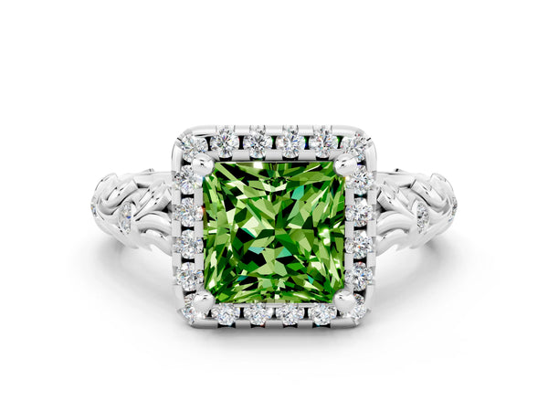 Silver Princess Cut Peridot Halo Ring with Filigree Band and Prong Setting