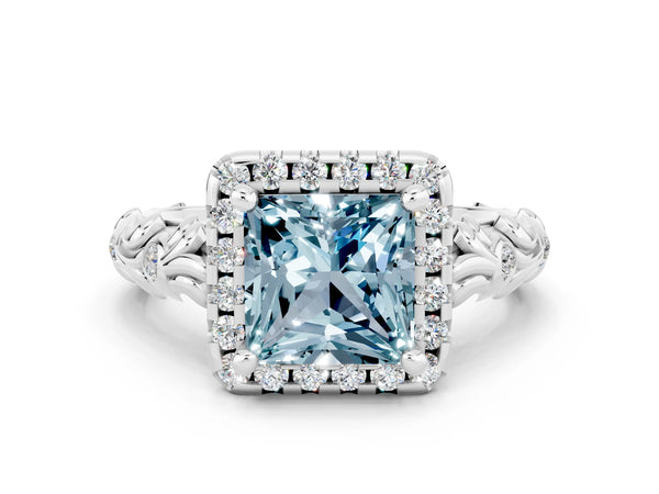 Platinum Princess Cut Aquamarine Halo Ring with Filigree Band and Prong Setting