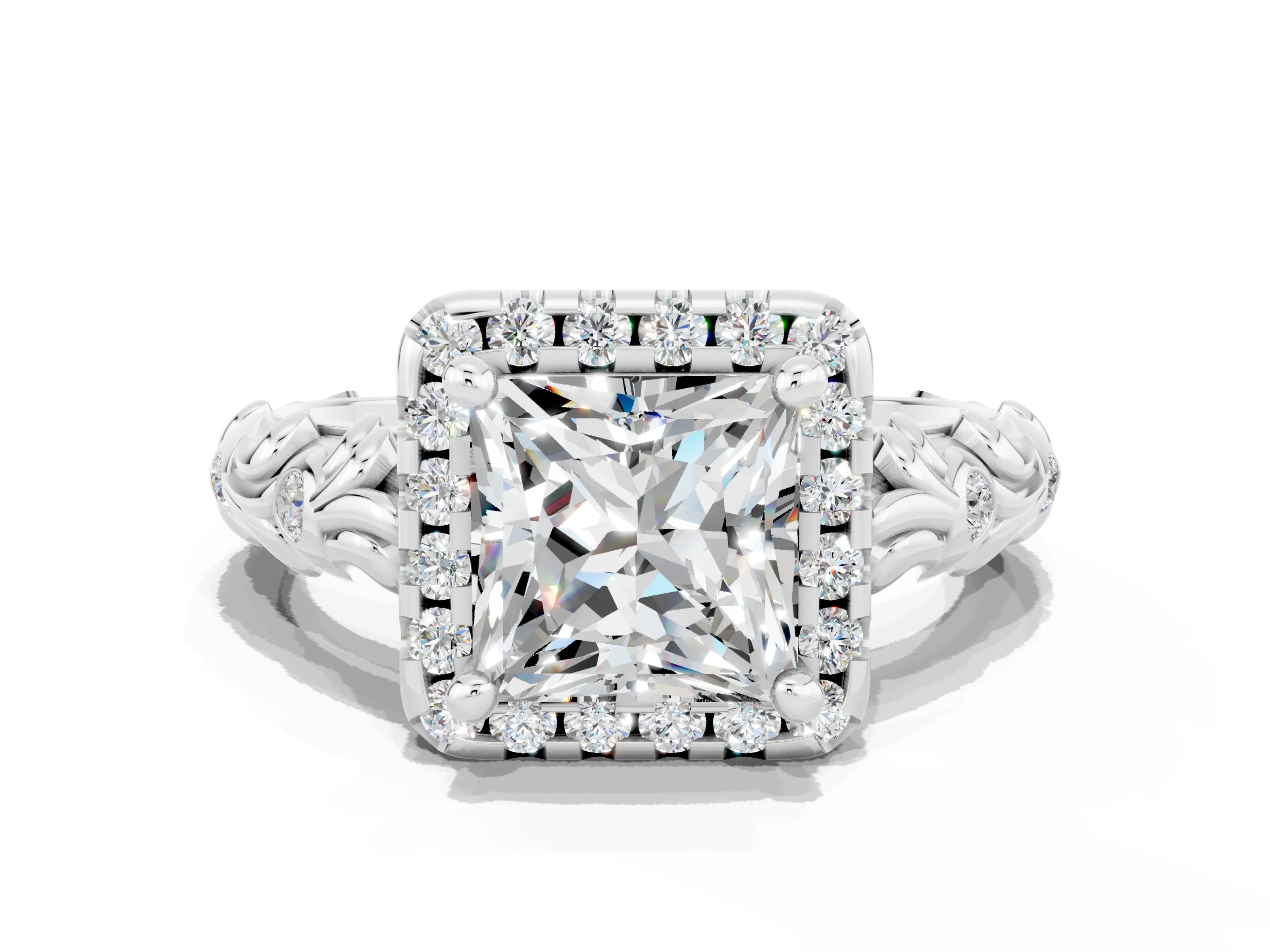 White gold Princess Cut Halo Diamond Solitaire with Filigree Band and Four-Prong Setting