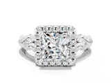 White gold Princess Cut Halo Diamond Solitaire with Filigree Band and Four-Prong Setting