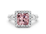 White gold Princess Cut Halo Diamond Solitaire with Filigree Band and Four-Prong Setting