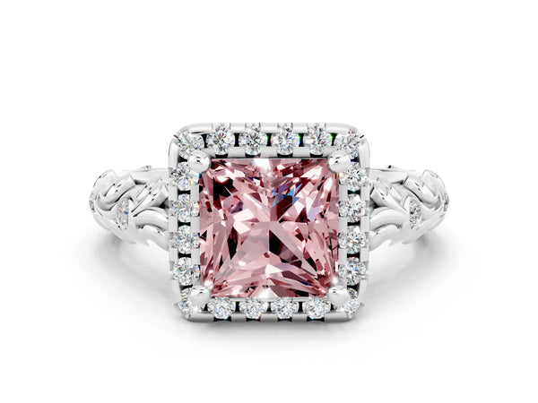 Platinum Princess Cut Halo Diamond Solitaire with Filigree Band and Four-Prong Setting