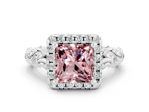 White gold Princess Cut Halo Diamond Solitaire with Filigree Band and Four-Prong Setting