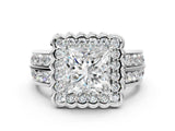White gold Princess Cut Halo Diamond Split Shank Ring with Scalloped Prong Setting_74