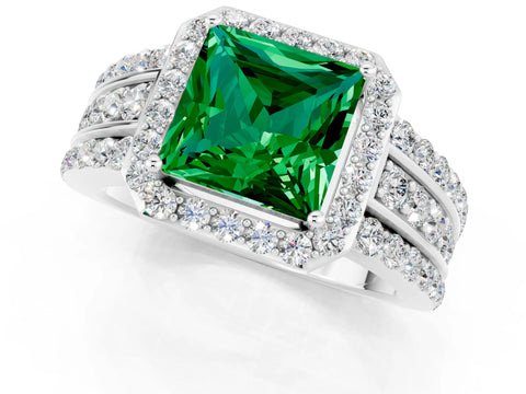 White gold Princess Cut Halo Emerald Ring with Split Shank and Four-Prong Setting_1