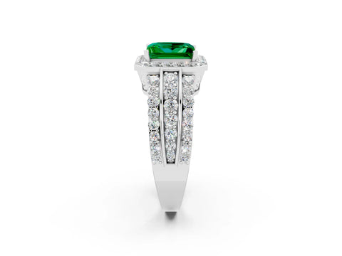 White gold Princess Cut Halo Emerald Ring with Split Shank and Four-Prong Setting_2