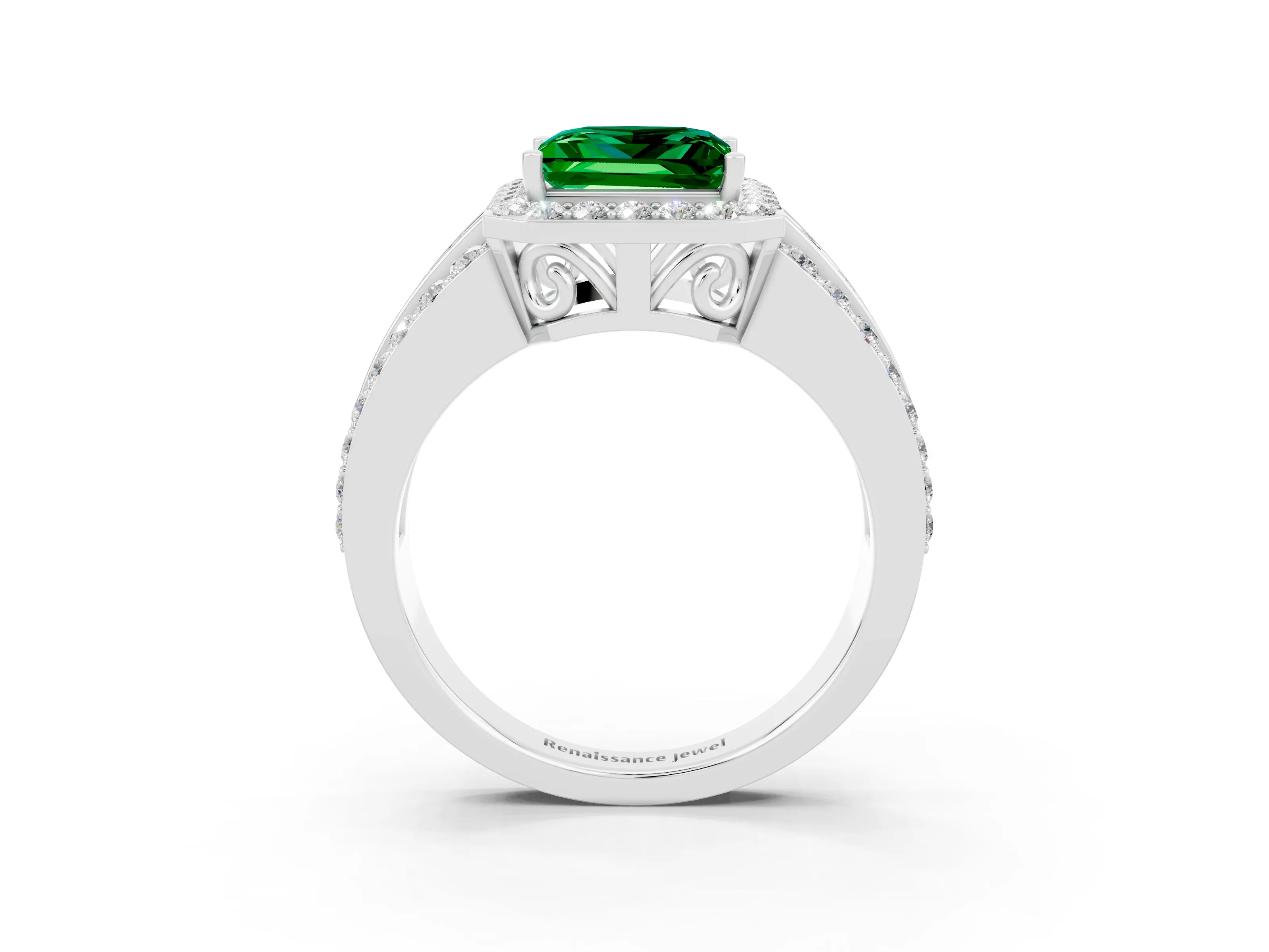 White gold Princess Cut Halo Emerald Ring with Split Shank and Four-Prong Setting_3