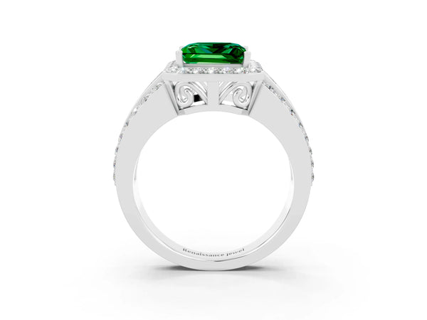 Silver Princess Cut Halo Emerald Ring with Round  Split Shank and Prong Setting