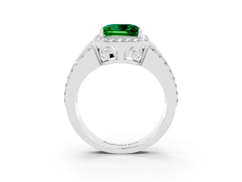 White gold Princess Cut Halo Emerald Ring with Split Shank and Four-Prong Setting_3