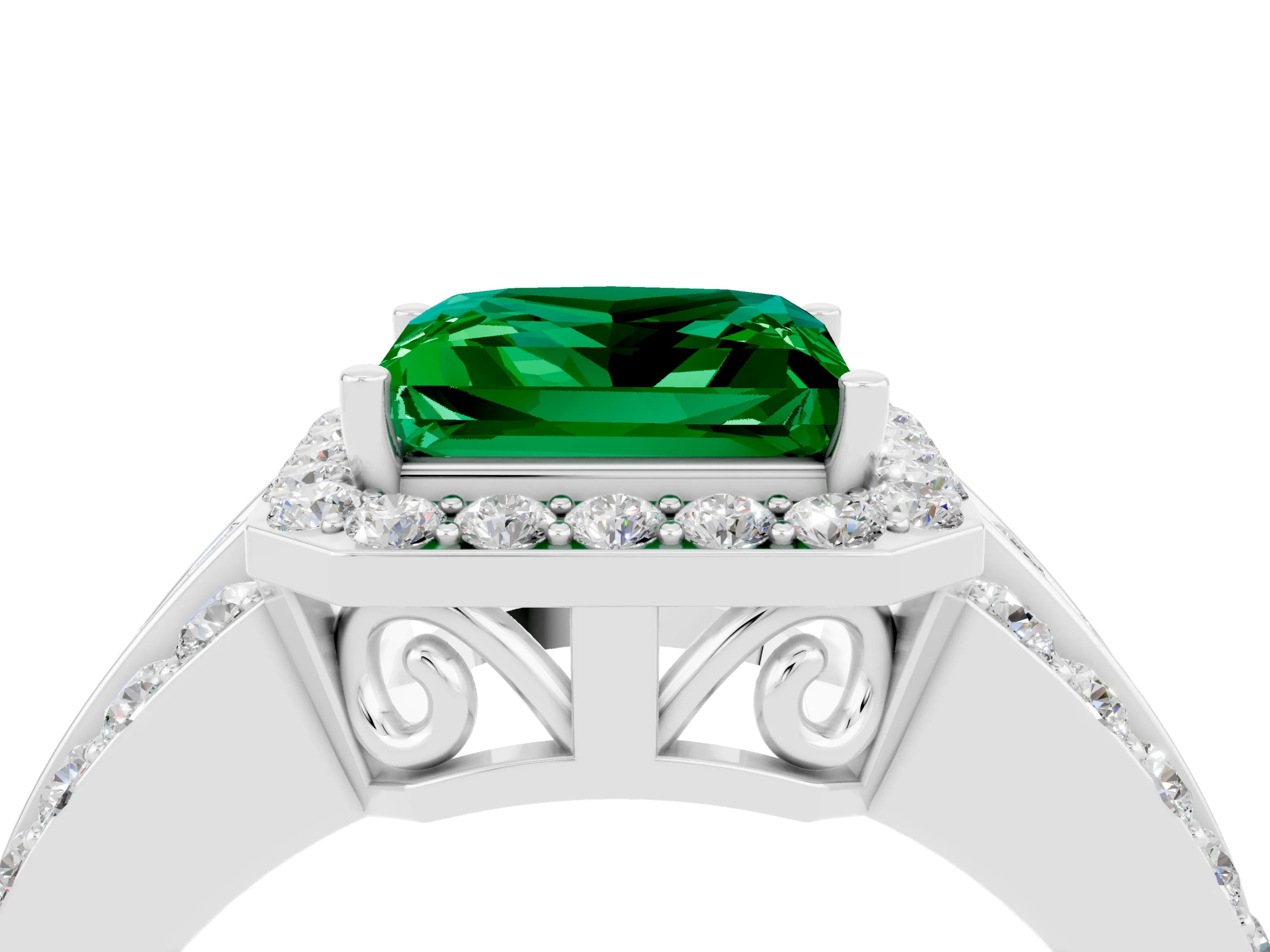 White gold Princess Cut Halo Emerald Ring with Split Shank and Four-Prong Setting_4