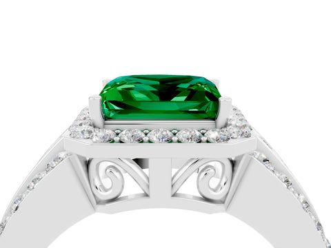 White gold Princess Cut Halo Emerald Ring with Split Shank and Four-Prong Setting_4